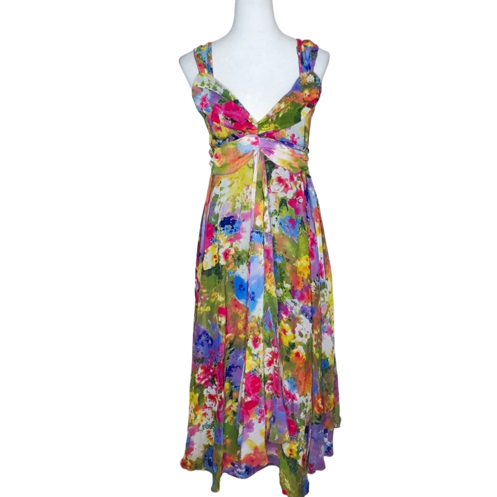Anne Giorgio Watercolors Flowy Empire Waist Lined Maxi Dress